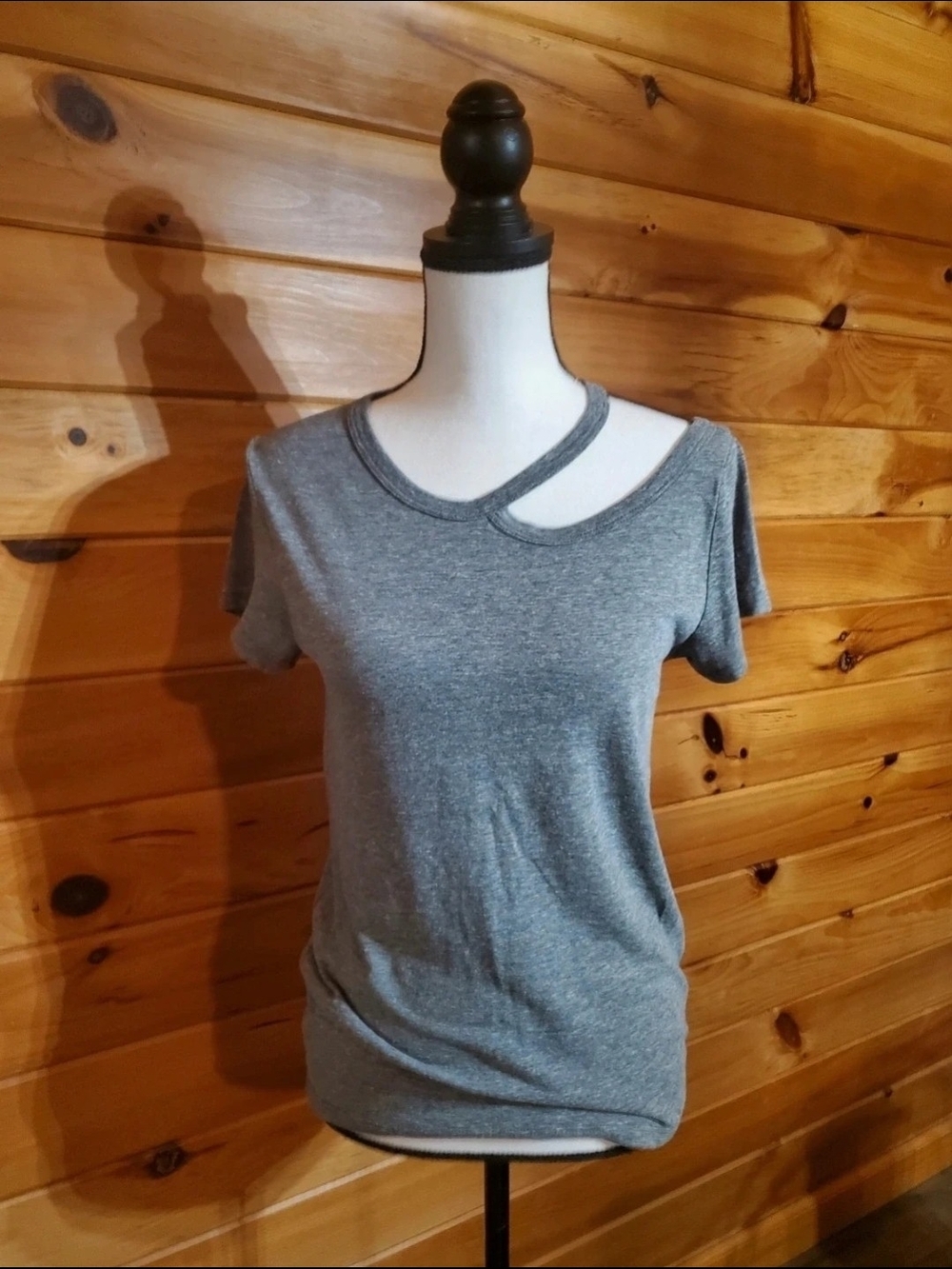 Pam & Gela Gray Short Sleeve Crewneck Top with Shoulder Cutout